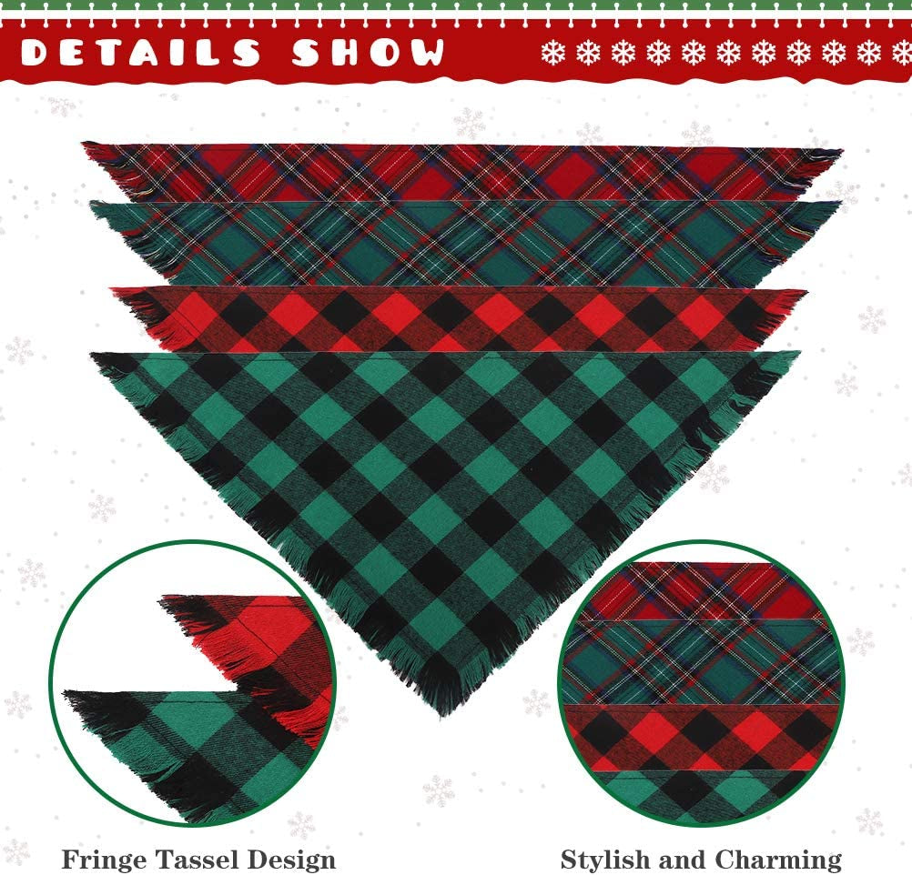 KOOLTAIL Plaid Dog Bandana Christmas 4 Pack - Classic Triangle Scarf Tassels Style Holiday for Dogs Cats Puppy Animals & Pet Supplies > Pet Supplies > Dog Supplies > Dog Apparel Best4cat   