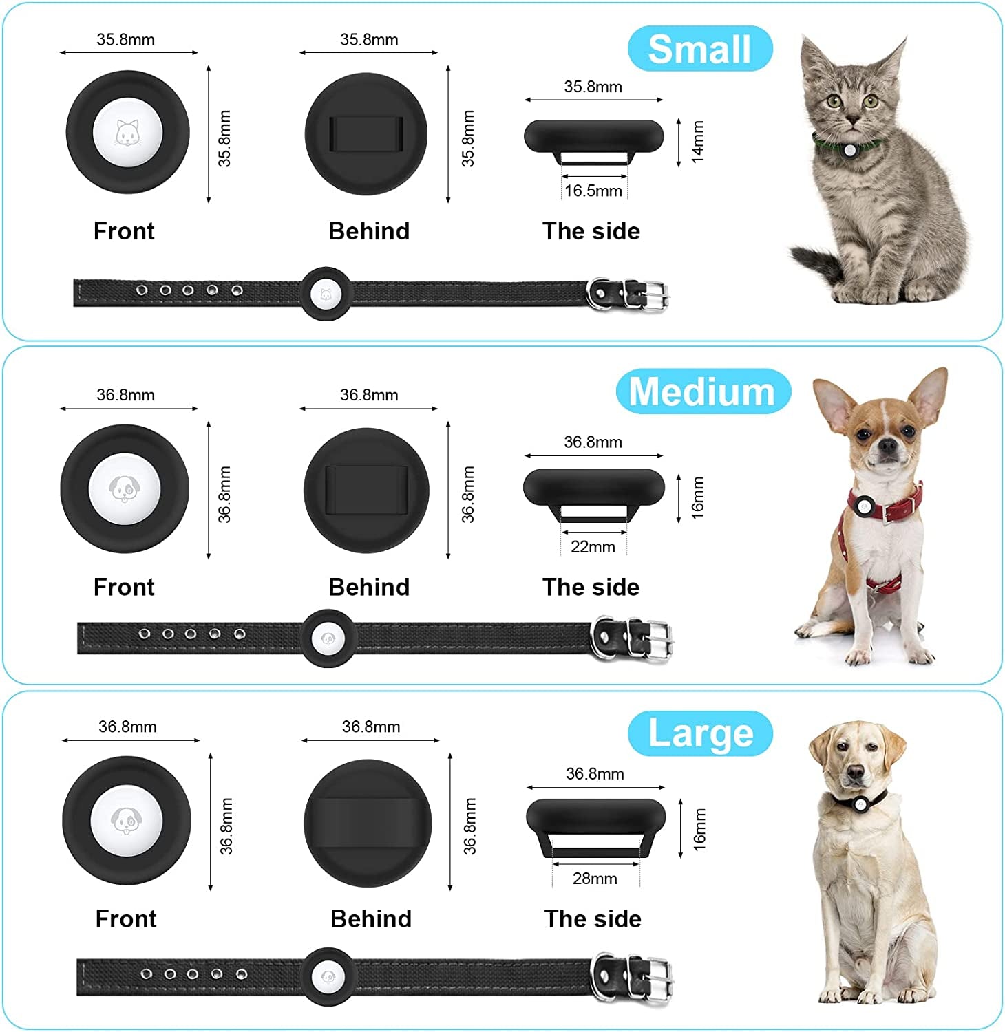 Airtag Dog Collar Holder Silicone Pet Collar Case for Apple Airtags, Anti-Lost Air Tag Holder Compatible with Small Wide Cat Dog Collars (Large:For Dog Collar 0.8-1.1 Inch, Black)