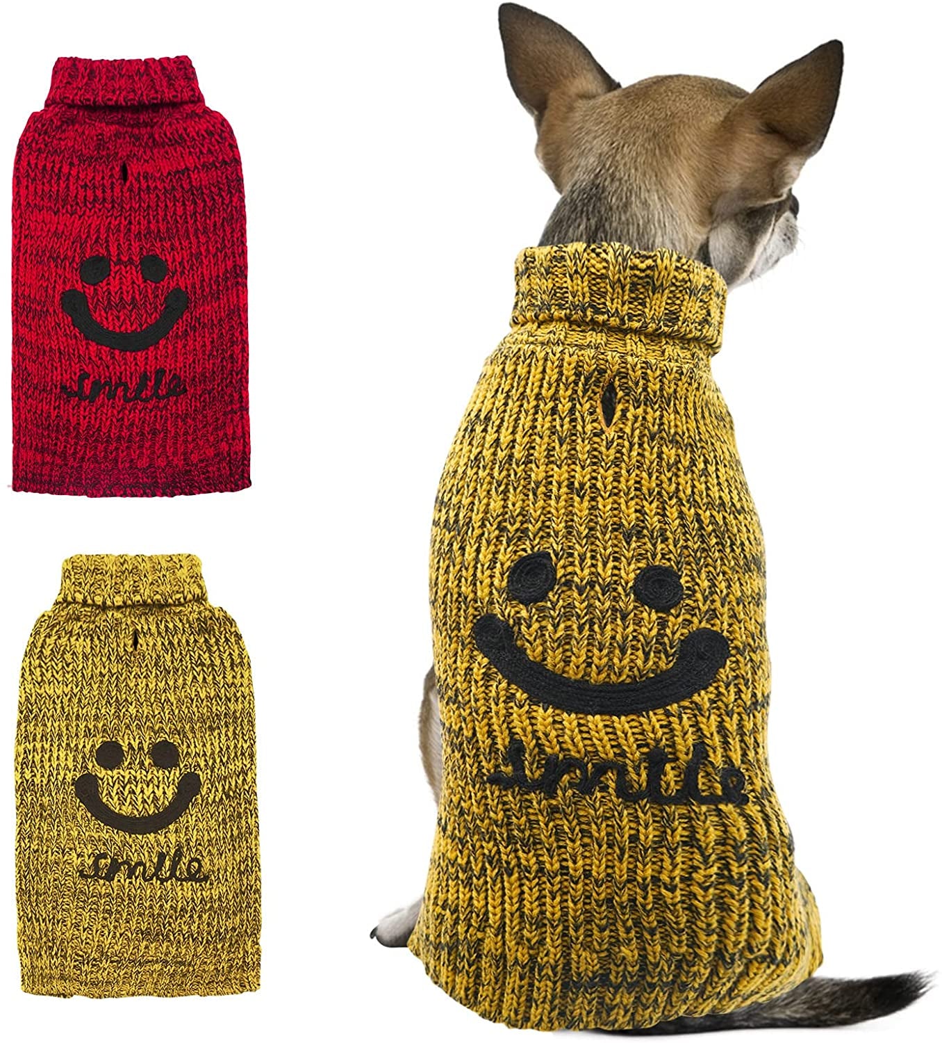 KYEESE Dog Sweater Turtleneck Smile Face Dog Knitwear with Leash Hole for Small Dogs Pet Sweater,Red,M Animals & Pet Supplies > Pet Supplies > Dog Supplies > Dog Apparel kyeese (Smile) Yellow X-Small (2.5-4lbs) 