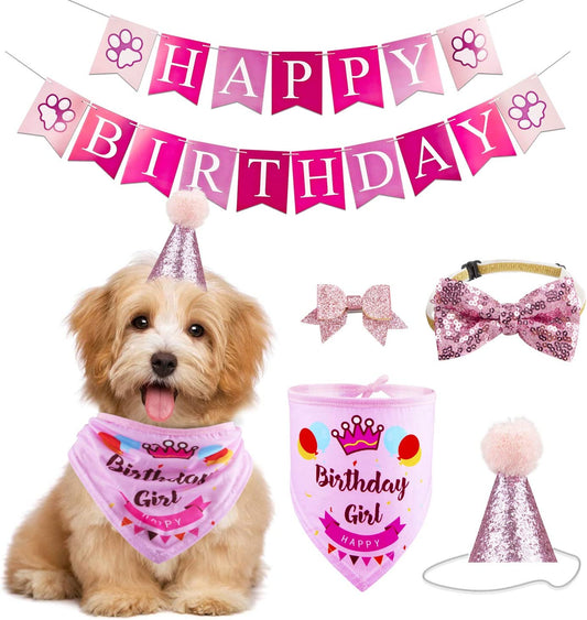 GAGILAND Dog Birthday Bandana Hat Banner Set for Medium & Large Dogs Cute Bow Tie Scarf Dog Boy Girl Birthday Party Supplies Decorations(Pink, Dog Girl)