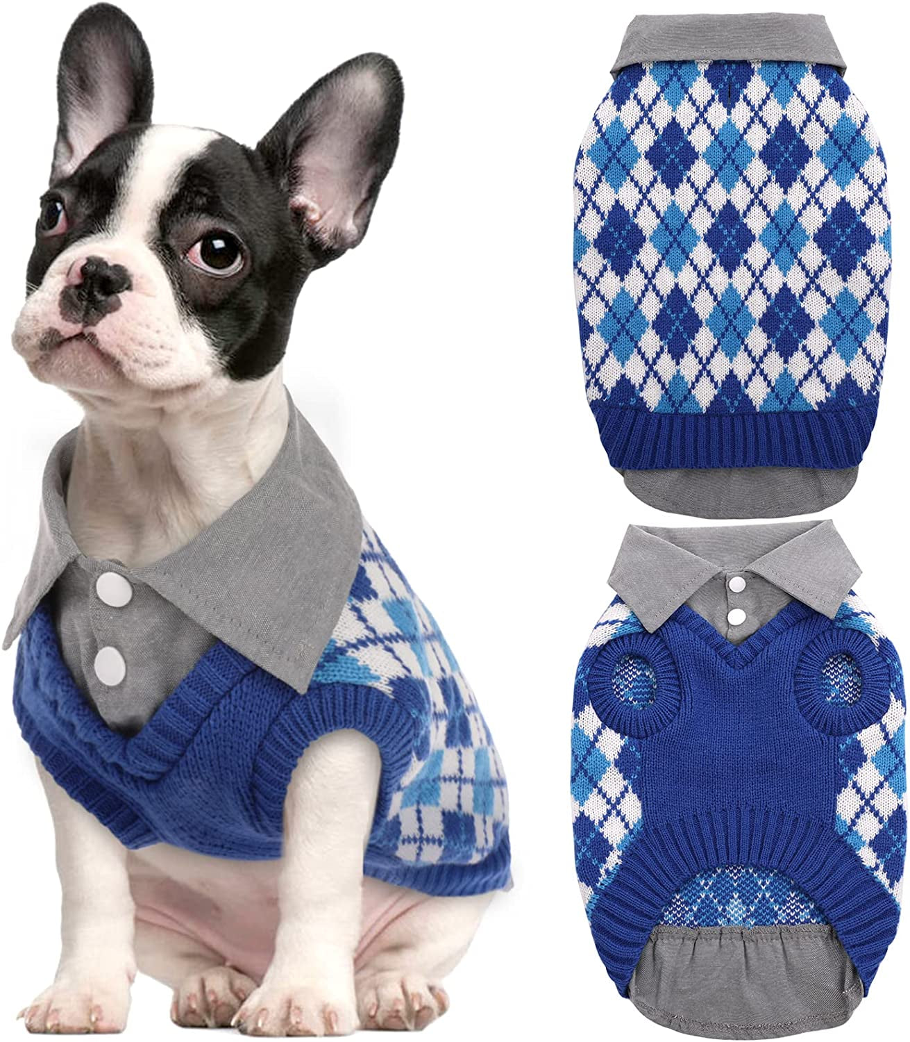 Kuoser Plaid Dog Sweater Warm Clothes, Patchwork Design Pet Dog Knitwear Classic Pullover Puppy Coat Cold Weather Sweatshirts with Leash Hole for Small Medium Cats Dogs (XS, Blue) Animals & Pet Supplies > Pet Supplies > Dog Supplies > Dog Apparel Kuoser Blue Large (pack of 1) 