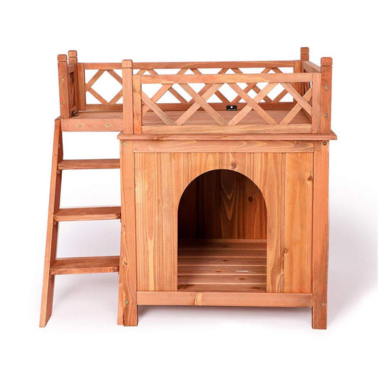 Karmas Product Dog House Weather Resistant Wooden Kennel with Balcony and Stairs for Small Pets