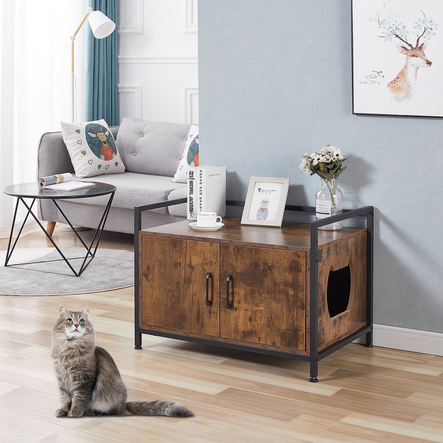 Cat Litter Box Enclosure with Metal Frame, Privacy Cat Washroom Bench, Litter Box Hidden, Pet Crate with Iron and Wood Sturdy Structure, Cat House Nightstand Animals & Pet Supplies > Pet Supplies > Cat Supplies > Cat Furniture Cat Washroom Litter Box Hidden   