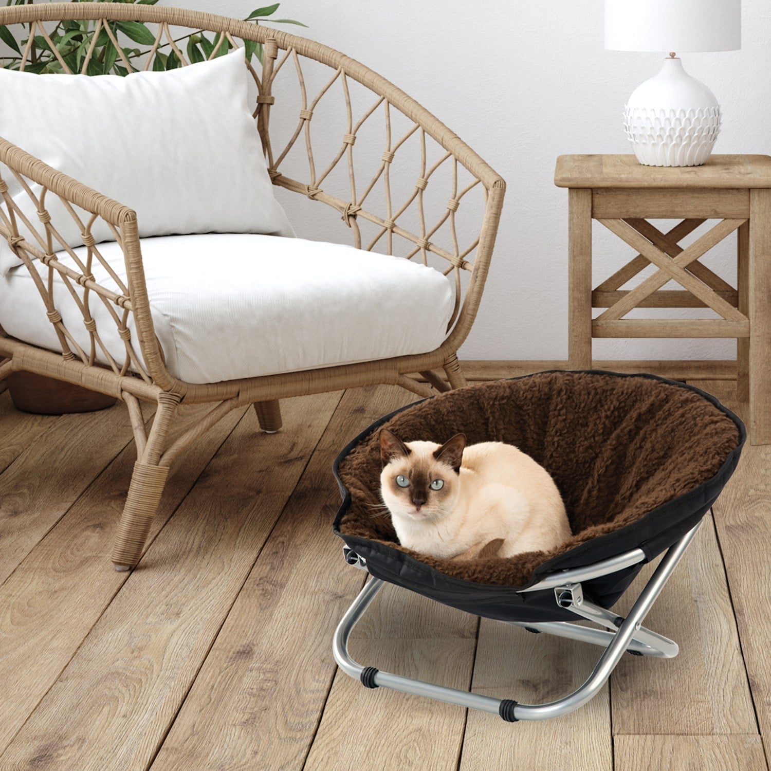 Folding Pet Cot Chair - Cat Bed, Brown Fleece Top Papasan Chair for Sm