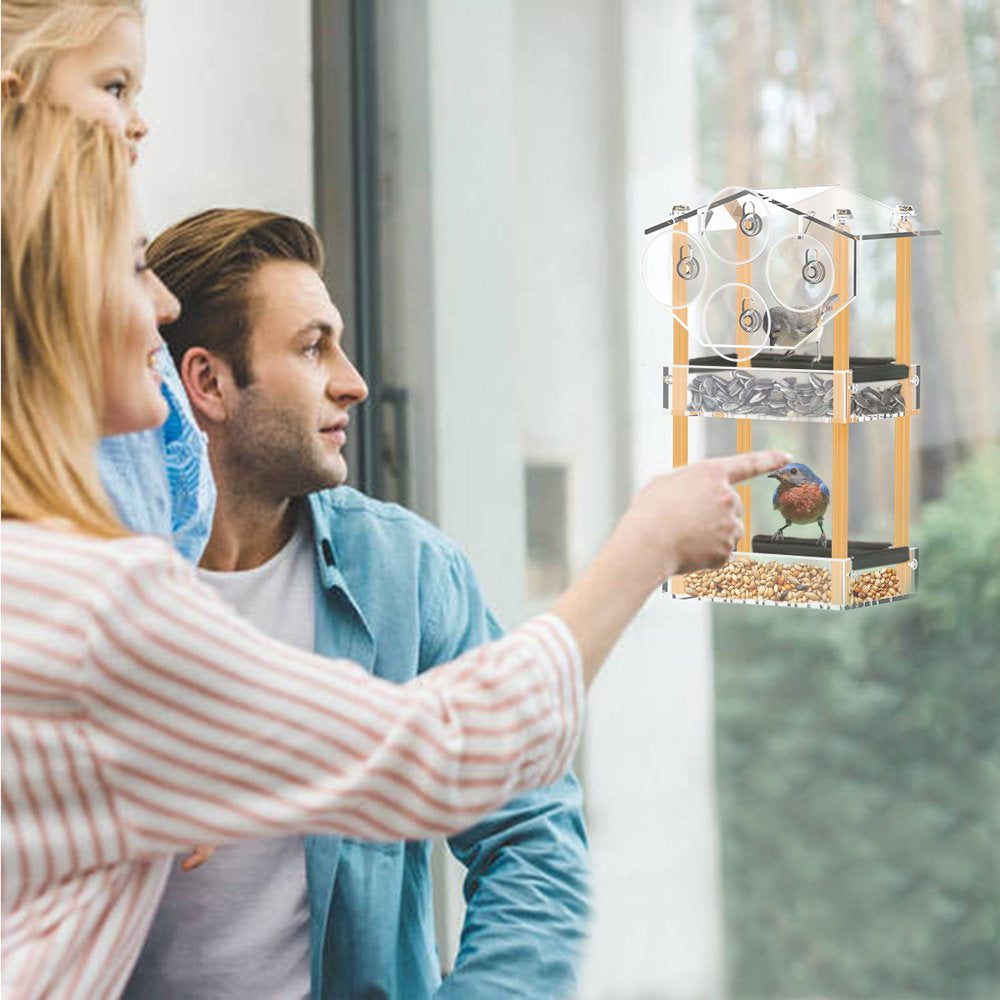 HHXRISE Window Bird Feeder with Strong Suction Cups, Outdoor Acrylic Bird House with 2 Tiers Seed Tray, Large Weatherproof Birdfeeder for Wild Birds, Finch, Cardinal, and Bluebird, Brown Animals & Pet Supplies > Pet Supplies > Bird Supplies > Bird Food HHXRISE   