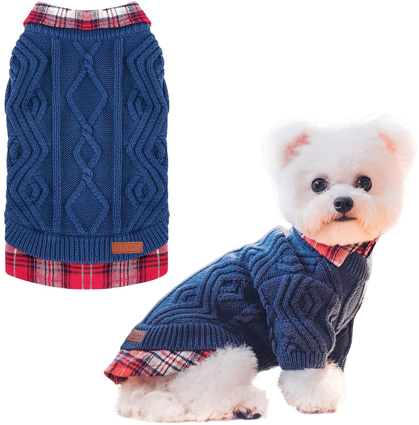 ISPET Classic Pet Dog Sweaters - Patchwork Knitted Dogs Sweatshirt Warm Cats Plaid Winter Clothes for Small Dogs Cold Days Wearing, Navy Blue Medium Animals & Pet Supplies > Pet Supplies > Dog Supplies > Dog Apparel IS PET DESIGNER PETWEAR Navy Blue Large(8.81lb-10.47lb) 