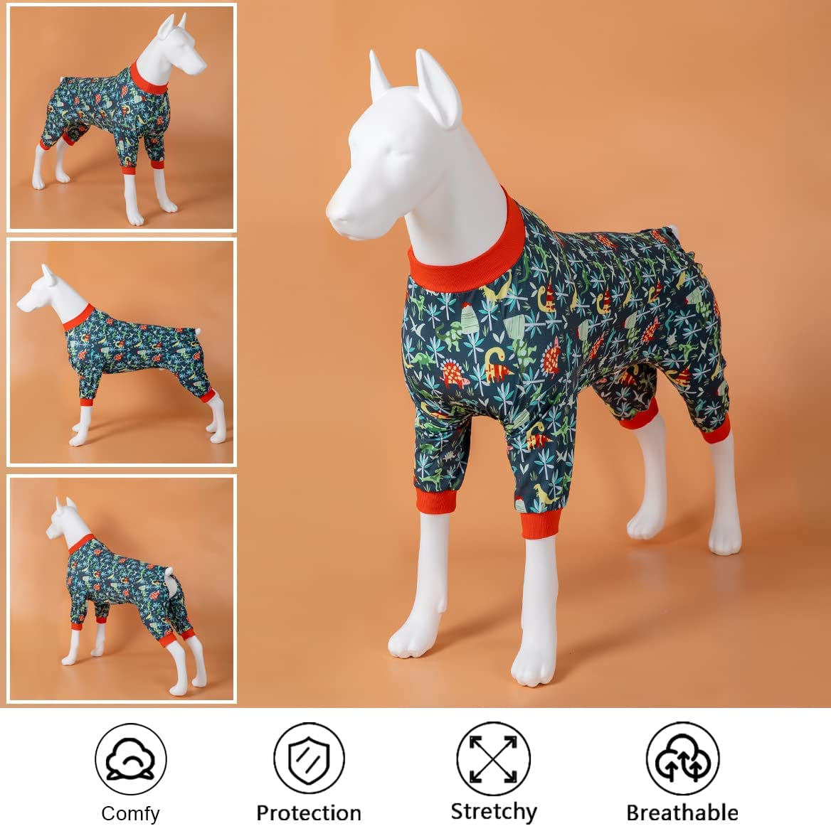 Lovinpet Dog Pajamas Medium Sized Dog, Large Dog Pjs, Lightweight Stretchy Fabric Dinosaur Forest Pine Prints Dog Jumpsuit, Sun Protection, Pet Anxiety Relief, Easy Wearing Dog Onesie Party Costume M