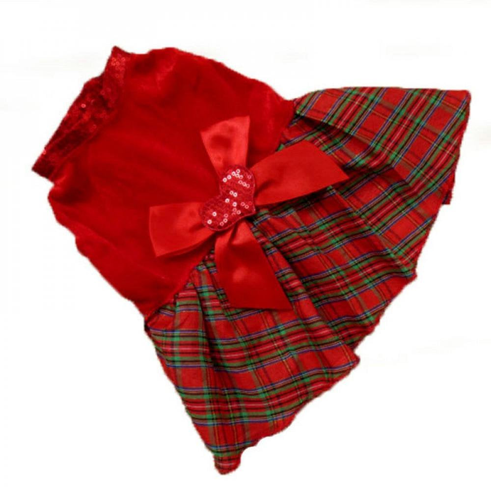 Clearance Dog Cat Dresses Christmas Princess Party Red Sequins Dress Clothes Pet Dog Plaid Bow Apparel