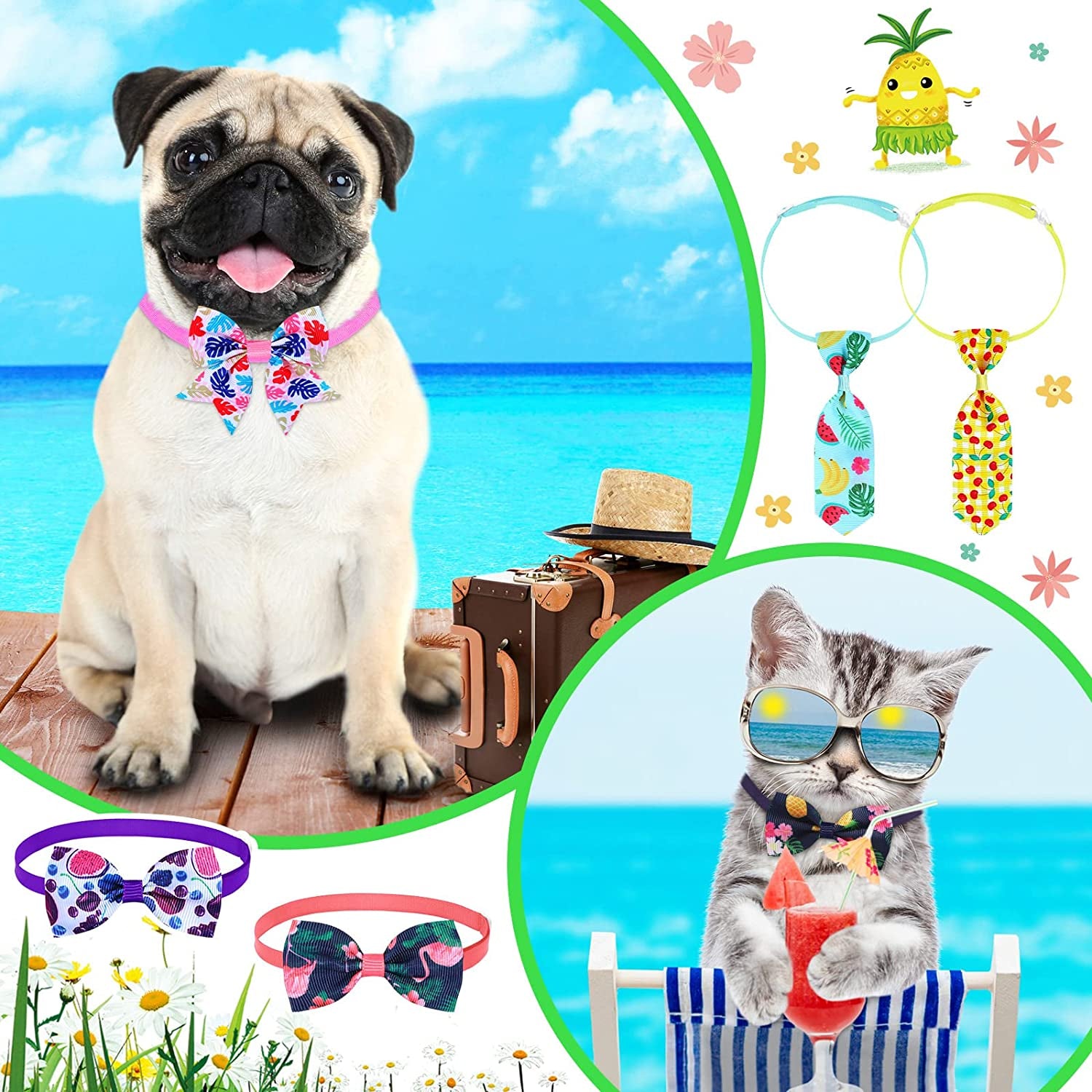 120 Pieces Dog Bow Tie Collar Summer Pet Tie Set Adjustable Cat Neck Ties Includes 48 Dog Neckties 48 Dog Bow Ties 24 Dog Collar Bowknot Fruit Hawaii Patterns for Pet Dog Cat Grooming Accessories Animals & Pet Supplies > Pet Supplies > Dog Supplies > Dog Apparel Sadnyy   