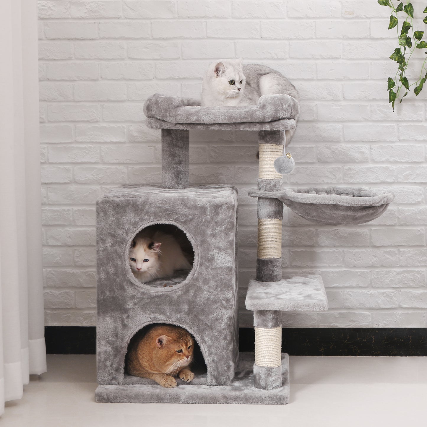 BEWISHOME Cat Tree Condo with Sisal Scratching Posts, Plush Perch, Dual Houses and Basket, Cat Tower Furniture Kitty Activity Center Kitten Play House MMJ06L