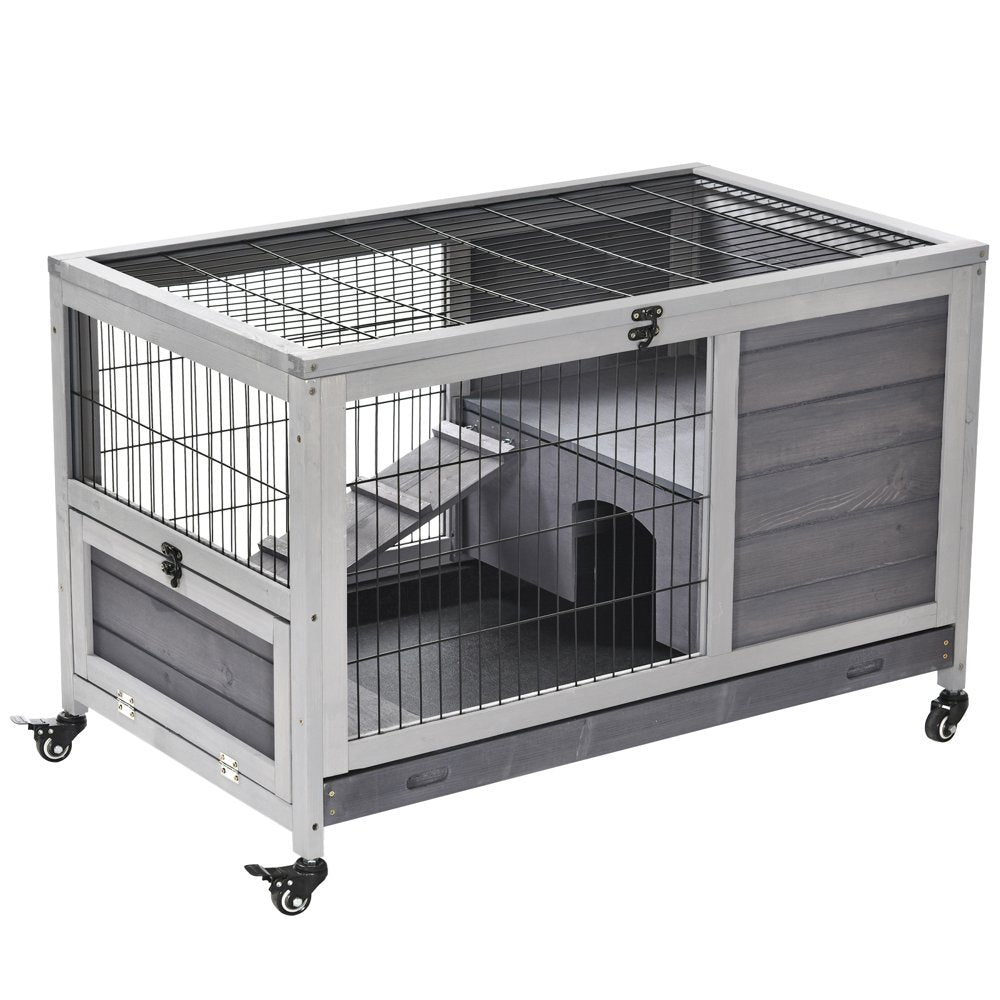 Pawhut Wooden Indoor Rabbit Hutch Elevated Cage Habitat with Enclosed Run with Wheels, Ideal for Rabbits and Guinea Pigs Animals & Pet Supplies > Pet Supplies > Small Animal Supplies > Small Animal Habitats & Cages Aosom LLC Gray  