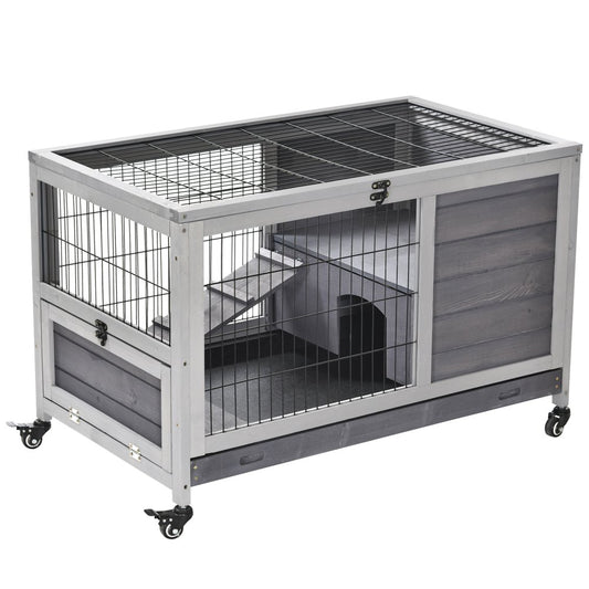 Pawhut Wooden Indoor Rabbit Hutch Elevated Cage Habitat with Enclosed Run with Wheels, Ideal for Rabbits and Guinea Pigs Animals & Pet Supplies > Pet Supplies > Small Animal Supplies > Small Animal Habitats & Cages Aosom LLC Gray  