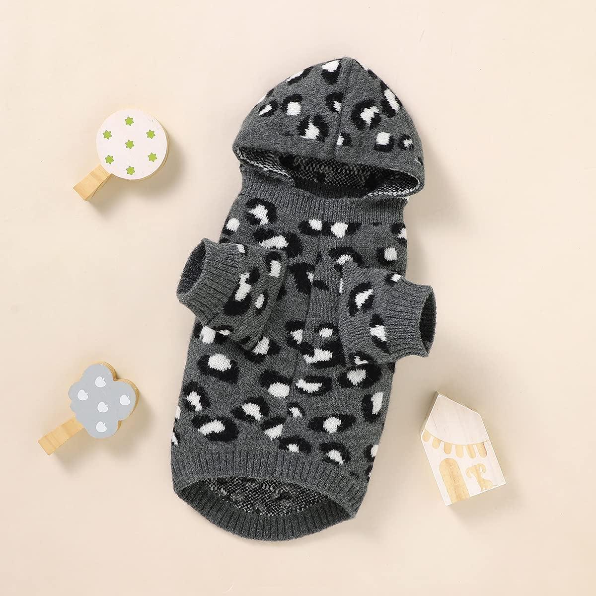 Fyzeg Dog Sweater Leopard Pattern Dog Hoodie Knitwear Sweater with Hat Winter Warm Pet Clothes of Kitten Puppy (Gray, Medium) Animals & Pet Supplies > Pet Supplies > Dog Supplies > Dog Apparel Fyzeg   