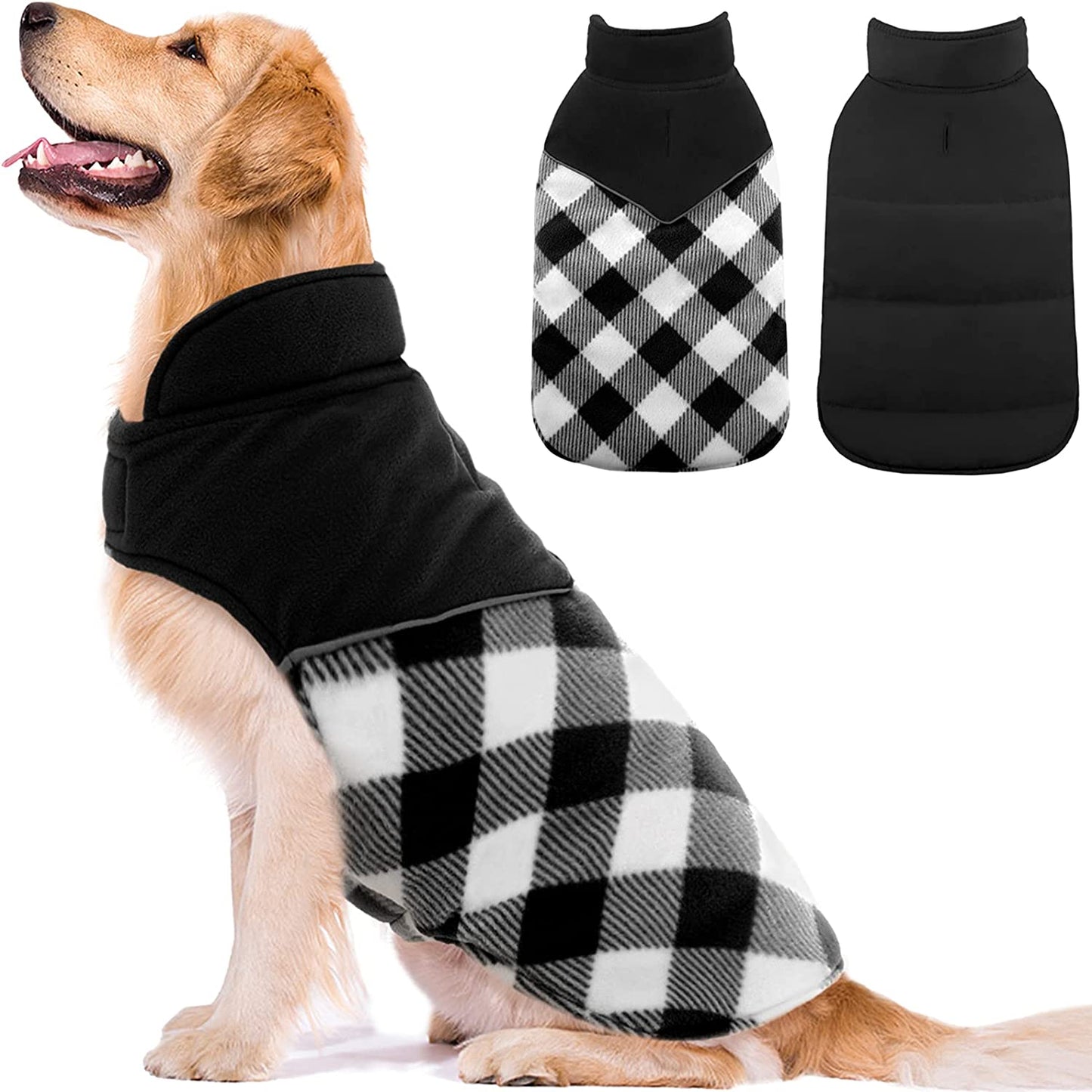 Kuoser Dog Winter Coat, Reversible Cold Weather Dog Jacket, Soft Warm Plaid Dog Coats, Puppy Waterproof Thickened Vest Windproof Outdoor Apparel for Small Medium and Large Dogs