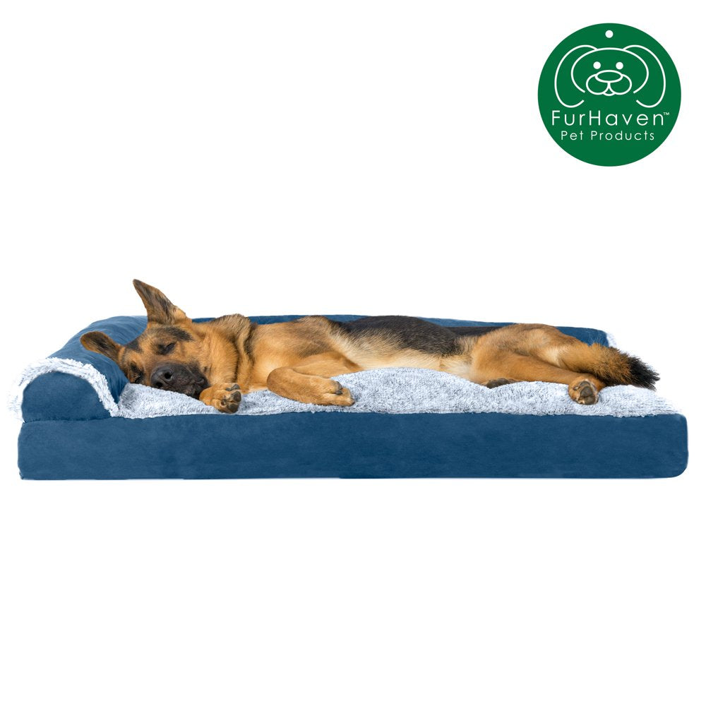 Furhaven Pet Products | Faux Fur & Suede Chaise Lounge Pillow Sofa-Style Pet Bed for Dogs & Cats, Espresso, Jumbo Animals & Pet Supplies > Pet Supplies > Cat Supplies > Cat Beds FurHaven Pet Jumbo Marine Blue 