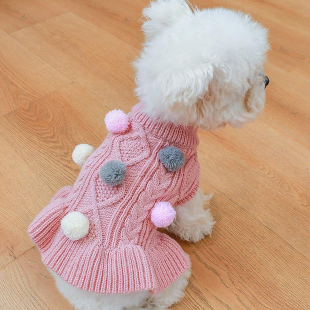 Dog Sweater Dress with Colorful Pom Pom Warm Knitwear Pullover Dog Skirt Puppy Princess Dress Apparel for Small Medium Dog and Cat Animals & Pet Supplies > Pet Supplies > Dog Supplies > Dog Apparel Popfeel   