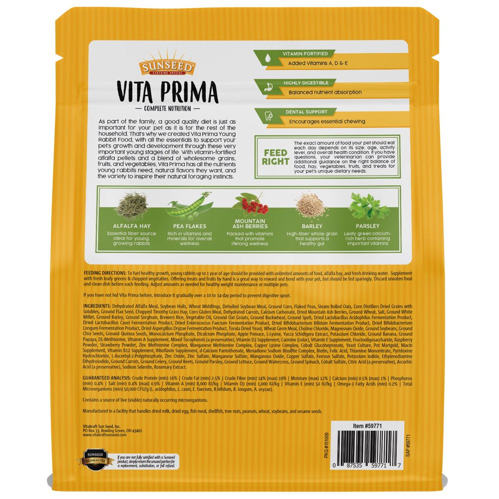 Sunseed Vita Prima Young Rabbit Food - Complete Nutrition - Premium Fortified Blend with Timothy Hay Animals & Pet Supplies > Pet Supplies > Small Animal Supplies > Small Animal Food Vitakraft Sunseed   