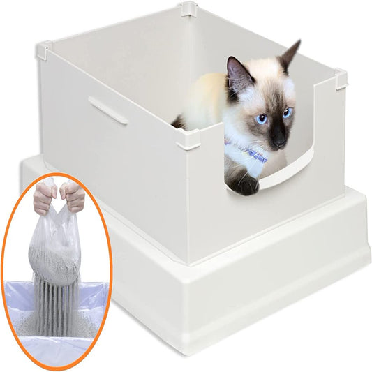 Hidove V2 Deluxe Cat Litter Box with 56Ct Standard Disposable Sifting Liners, 11" ABS+ PP High Sides, White Color, Large
