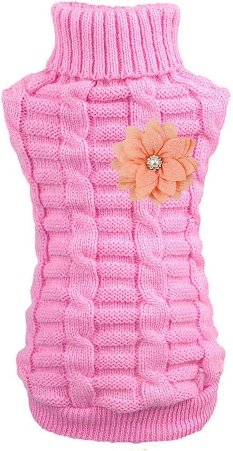 Cat Dog Sweater for Cats and Small Dogs, Warm Soft Cat Dog Turtleneck Braid Plait Knitwear with Fabric Flower Clip Decor (S, Pink) Animals & Pet Supplies > Pet Supplies > Dog Supplies > Dog Apparel Aillion   