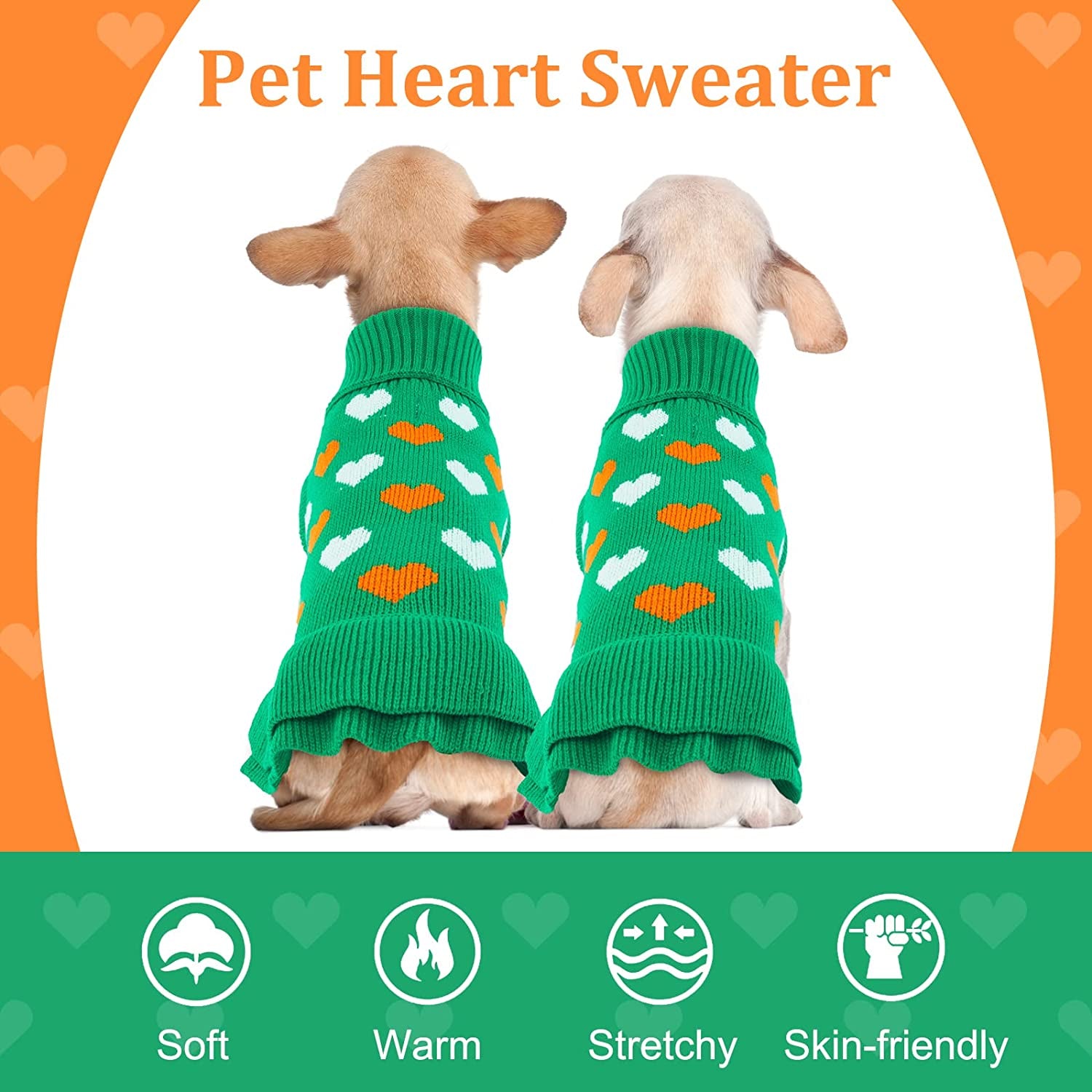 Kuoser Dog Sweater, Knitwear Turtleneck Winter Warm Puppy Clothing, Heart Pullover Pet Coat Cute Dog Sweater Dress for Small & Medium Dogs Cats with Leash Hole Xs-Xl(Green,Xl) Animals & Pet Supplies > Pet Supplies > Dog Supplies > Dog Apparel Kuoser   