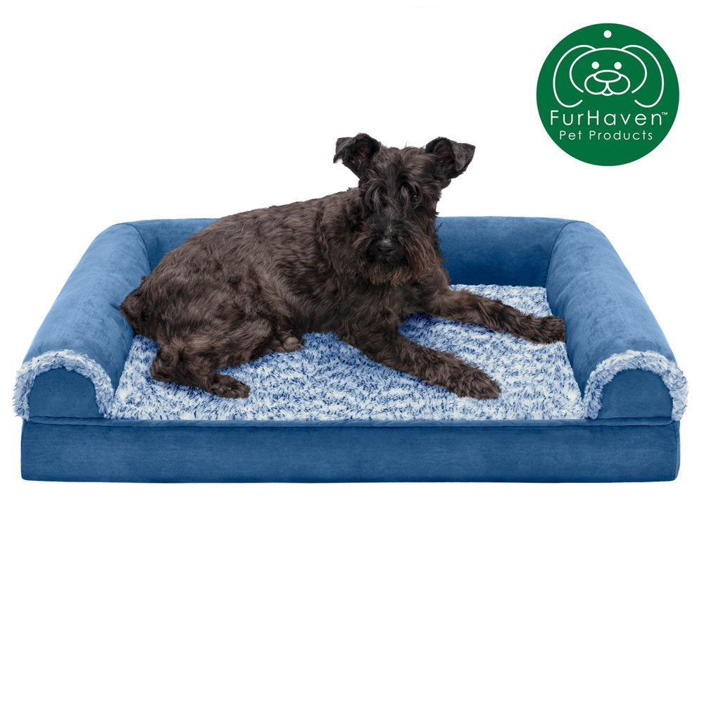 Furhaven Pet Products | Full Support Orthopedic Two-Tone Faux Fur & Suede Sofa Pet Bed for Dogs & Cats, Stone Gray, Jumbo Animals & Pet Supplies > Pet Supplies > Cat Supplies > Cat Beds FurHaven Pet M Marine Blue 