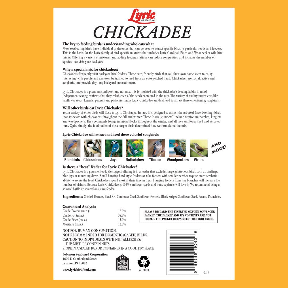 Lyric Chickadee Wild Bird Seed, Sunflower and Nut Bird Food Mix, 4 Lb. Bag Animals & Pet Supplies > Pet Supplies > Bird Supplies > Bird Food Lebanon Seaboard Corporation   