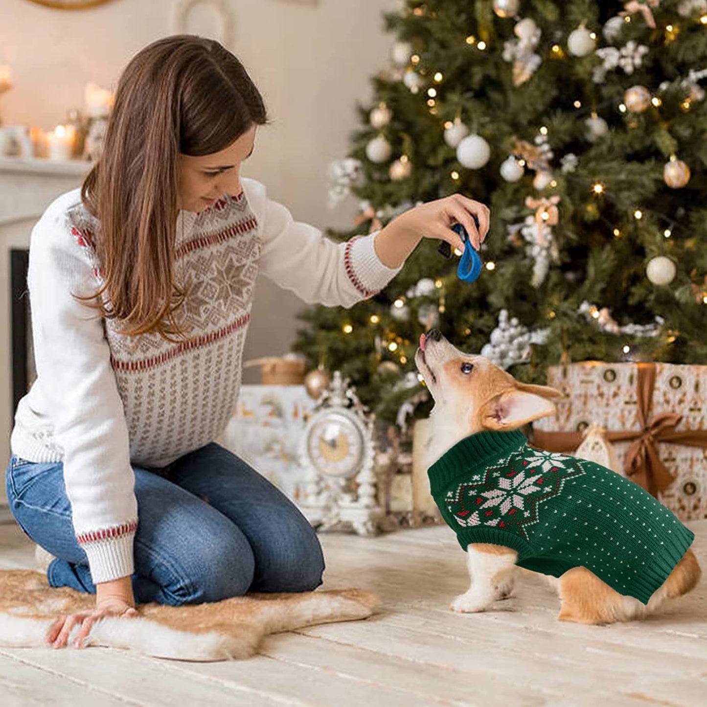 Kuoser Dog Cat Sweater, Holiday Christmas Snowflake Pet Warm Knitwear Dog Sweater Soft Puppy Clothing Dog Winter Coat, Dog Turtleneck Cold Weather Outfit Pullover for Small Medium Dogs Cats Animals & Pet Supplies > Pet Supplies > Dog Supplies > Dog Apparel Kuoser   