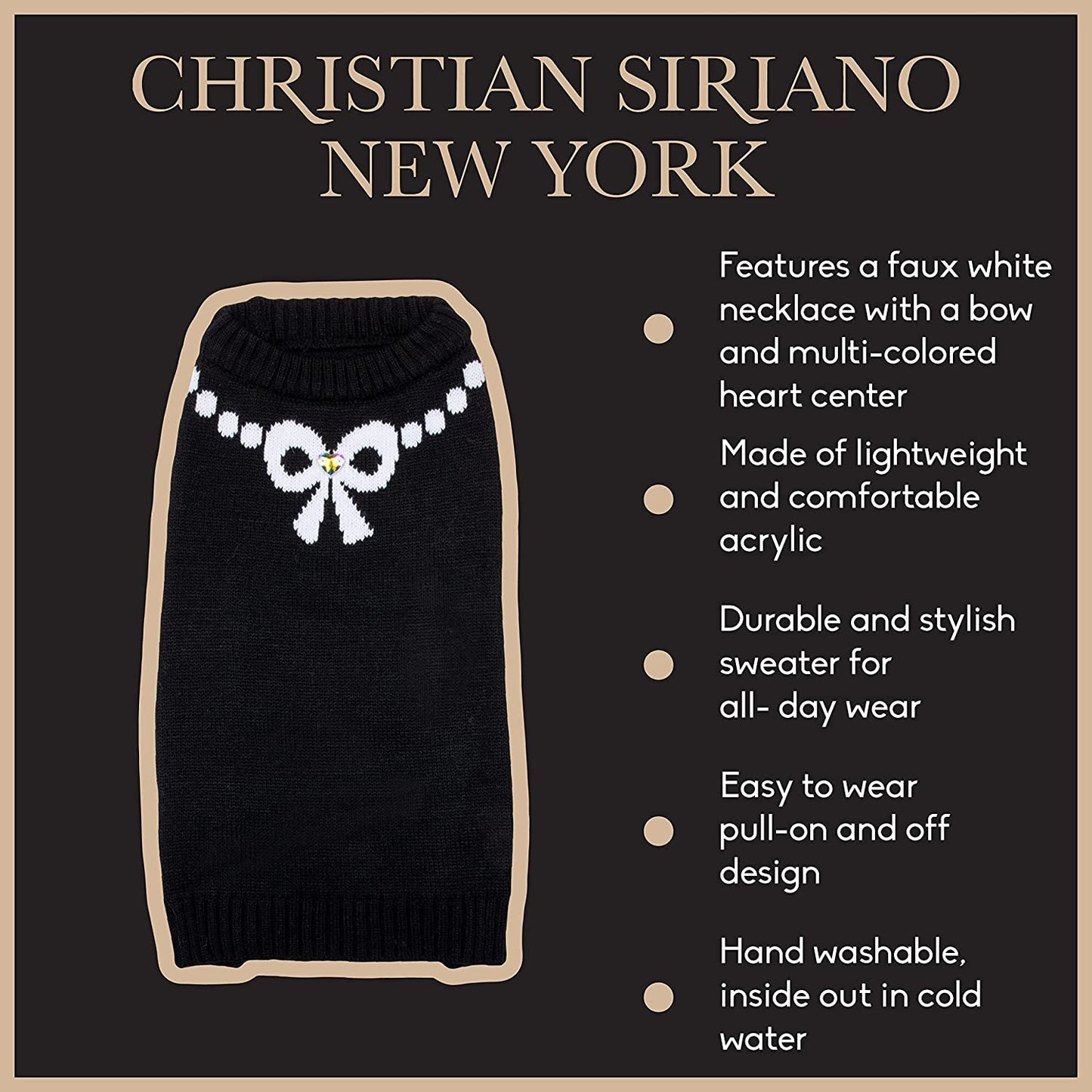 Christian Siriano New York Black Bow Necklace Sweater for Dogs, XS Animals & Pet Supplies > Pet Supplies > Dog Supplies > Dog Apparel SportPet Designs, LLC   