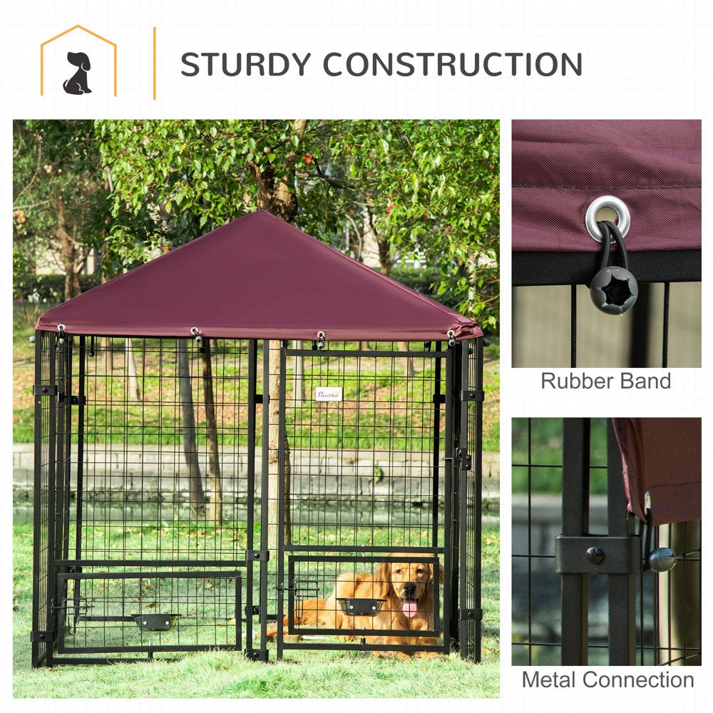 Pawhut Indoor, Outdoor Metal Dog Kennel, Dog House with Lock, Weather Resistant Canopy and 2 Bowl Holders and Bowls, 4.6' X 4.6' X 5', Black, Red Animals & Pet Supplies > Pet Supplies > Dog Supplies > Dog Houses Aosom LLC   