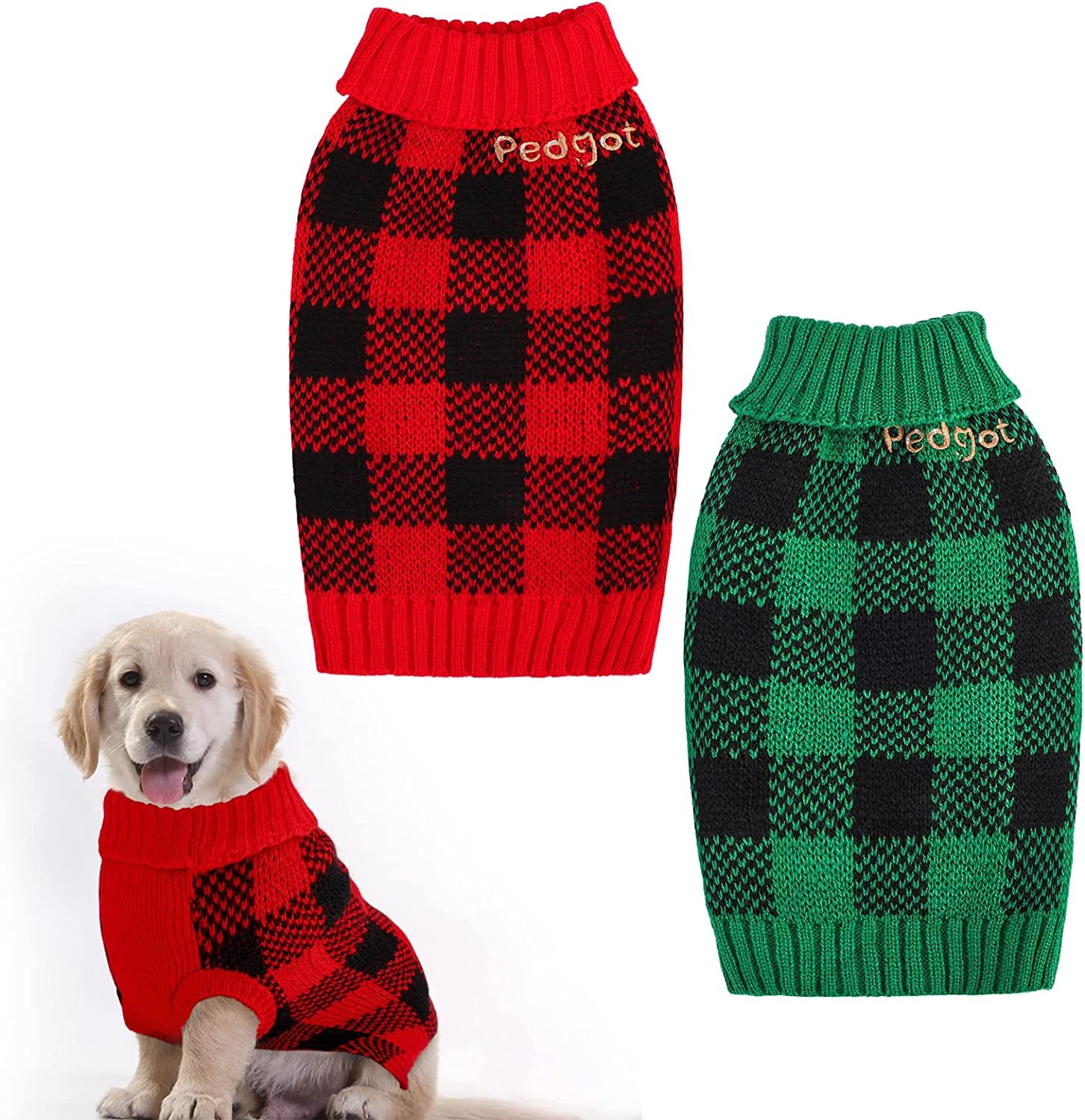 Pedgot 2 Pieces Pet Christmas Sweater Dog Xmas Clothes Vests for Winter Classic Plaid Knitwear for Christmas Winter Holiday Events (Red and Black, Black and Green, Large) Animals & Pet Supplies > Pet Supplies > Dog Supplies > Dog Apparel Pedgot Red and Black, Black and Green Small 