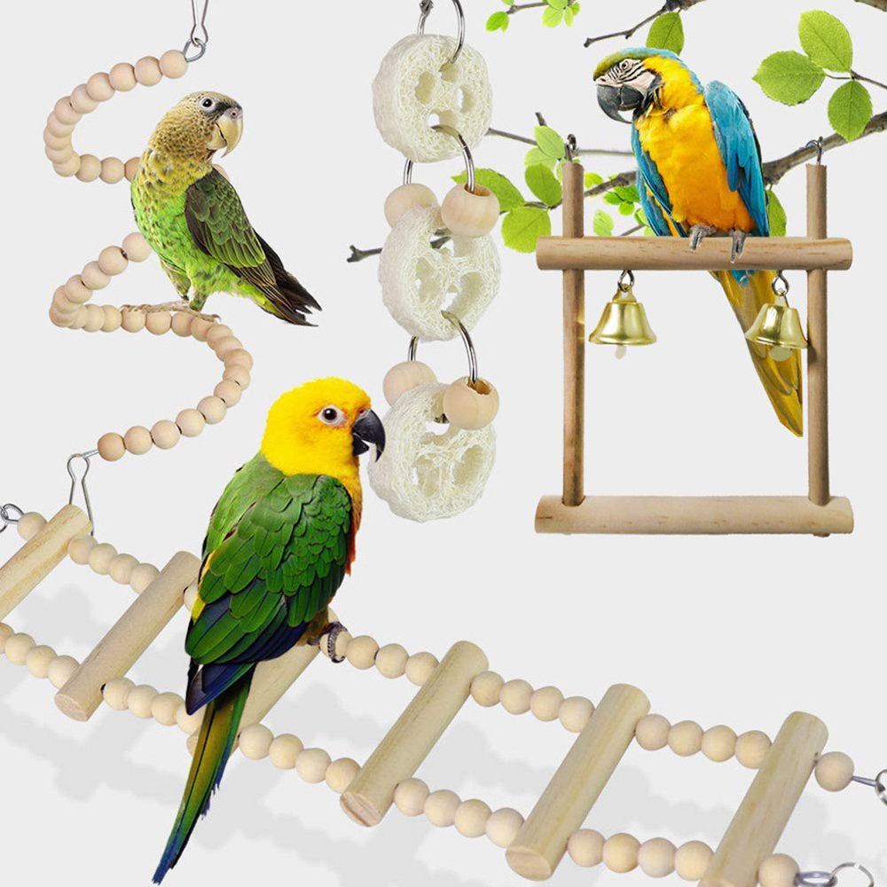 Parrot Wood Toys 8 Pieces Set Including Swing Ladder Wood Perch Chew Toys with Bells for Bird Cage Easy to Install Animals & Pet Supplies > Pet Supplies > Bird Supplies > Bird Ladders & Perches YMILEMY   