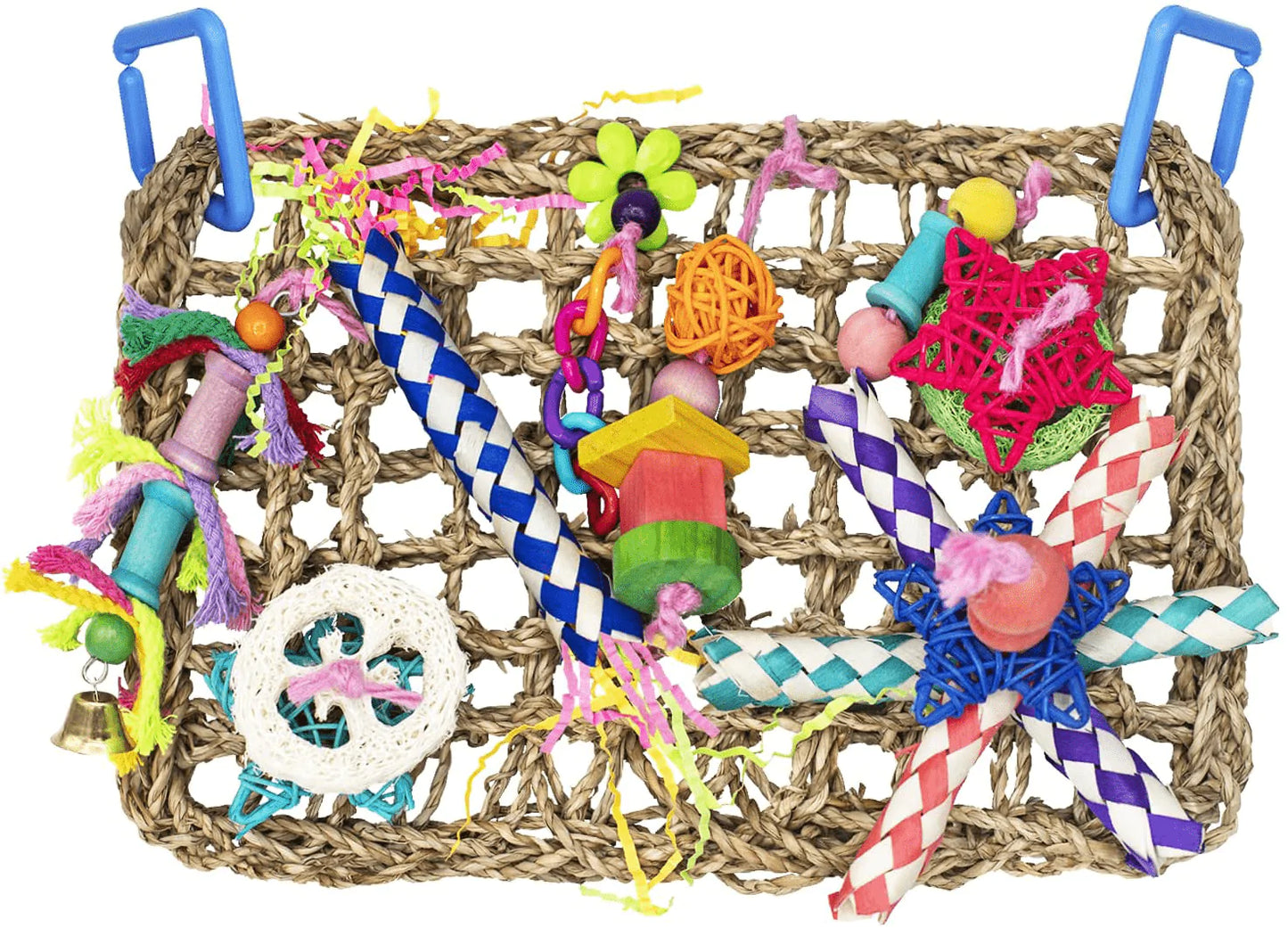 DERLOW Bird Toys Bird Foraging Wall Toy Natural Seagrass Woven Mat and Colorful Wooden Blocks Chewing Toys Bird Swing Climbing Toy, Suitable for Lovebirds Parakeets Parrot Cockatiel Animals & Pet Supplies > Pet Supplies > Bird Supplies > Bird Toys DERLOW   