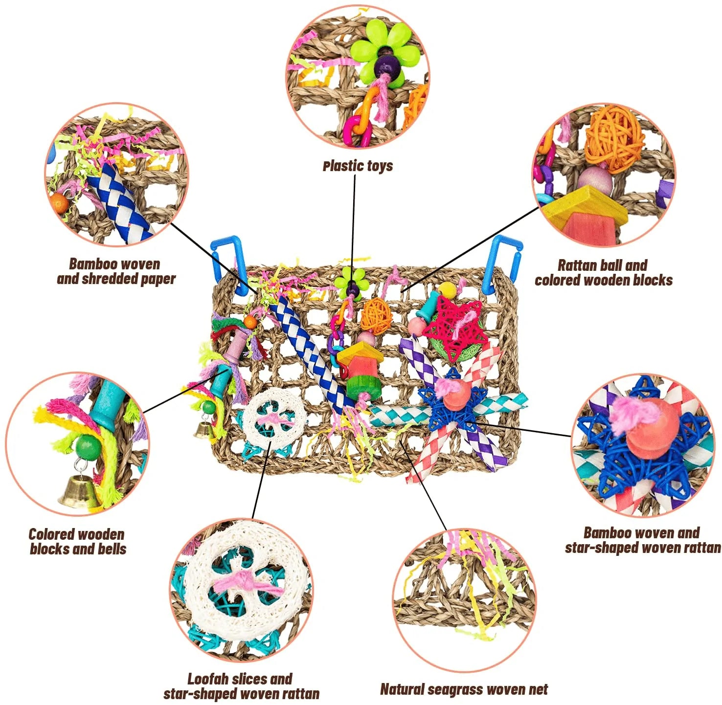 DERLOW Bird Toys Bird Foraging Wall Toy Natural Seagrass Woven Mat and Colorful Wooden Blocks Chewing Toys Bird Swing Climbing Toy, Suitable for Lovebirds Parakeets Parrot Cockatiel Animals & Pet Supplies > Pet Supplies > Bird Supplies > Bird Toys DERLOW   