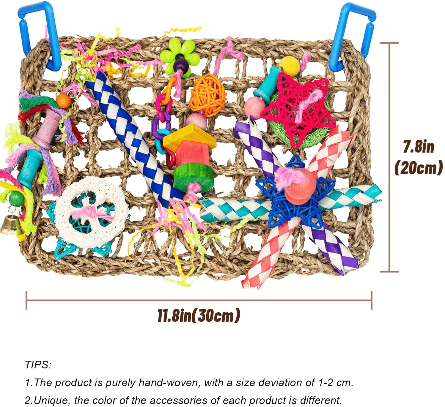DERLOW Bird Toys Bird Foraging Wall Toy Natural Seagrass Woven Mat and Colorful Wooden Blocks Chewing Toys Bird Swing Climbing Toy, Suitable for Lovebirds Parakeets Parrot Cockatiel Animals & Pet Supplies > Pet Supplies > Bird Supplies > Bird Toys DERLOW   