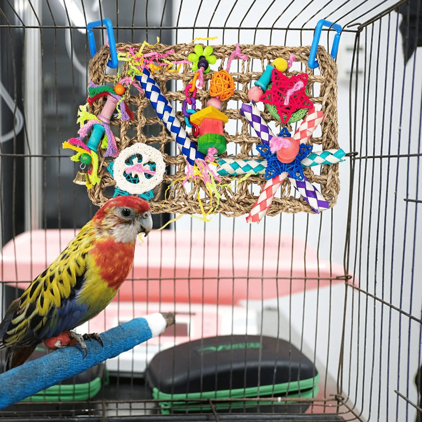 DERLOW Bird Toys Bird Foraging Wall Toy Natural Seagrass Woven Mat and Colorful Wooden Blocks Chewing Toys Bird Swing Climbing Toy, Suitable for Lovebirds Parakeets Parrot Cockatiel Animals & Pet Supplies > Pet Supplies > Bird Supplies > Bird Toys DERLOW   
