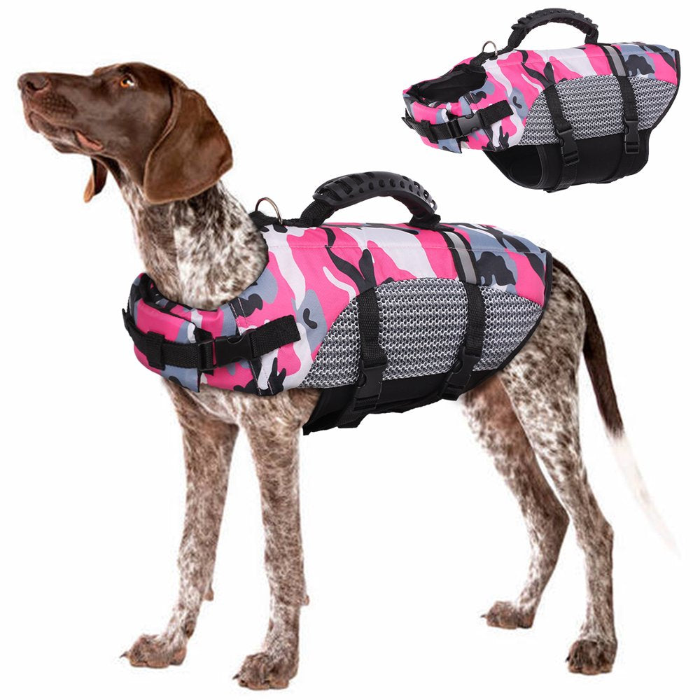 ROZKITCH Dog Life Jacket Camouflage Lifesaver Vest with Reflective Stripe Adjustable Preserver Protector with Rescue Handle Flotation for Swimming Pool Beach Boating Small Middle Large Dogs