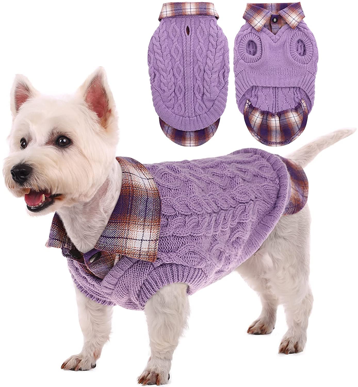 Kuoser Dog Sweater, Plaid Patchwork Dog Knitwear Vest for Fall Winter, Pullover Cozy Dog Clothes Pet Cold Weather Coat Warm Apparel for Small Medium Dogs Cats Xs-Xl(Black, S) Animals & Pet Supplies > Pet Supplies > Dog Supplies > Dog Apparel Kuoser Purple X-Small (pack of 1) 