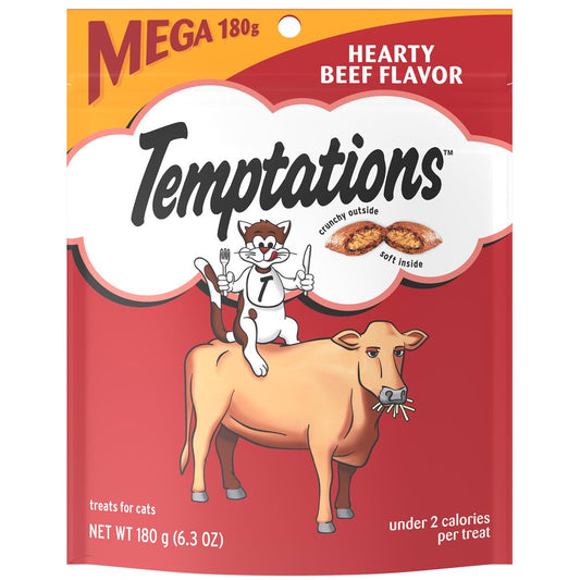 TEMPTATIONS Classic, Crunchy and Soft Cat Treats, Hearty Beef Flavor, 6.3 Oz. Pouch