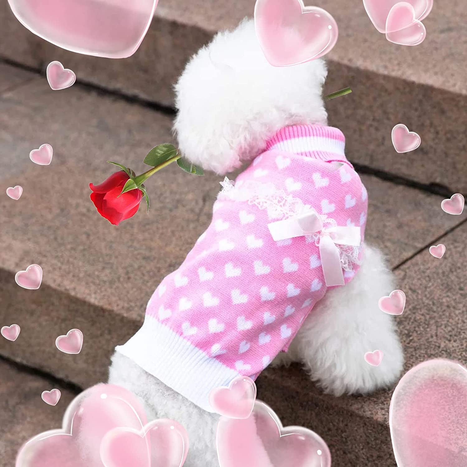 KYEESE Valentine'S Day Dog Sweaters for Small Dogs with Leash Hole Turtleneck Pink Dog Sweater with Bowtie Knit Pullover Dog Clothes Animals & Pet Supplies > Pet Supplies > Dog Supplies > Dog Apparel kyeese   