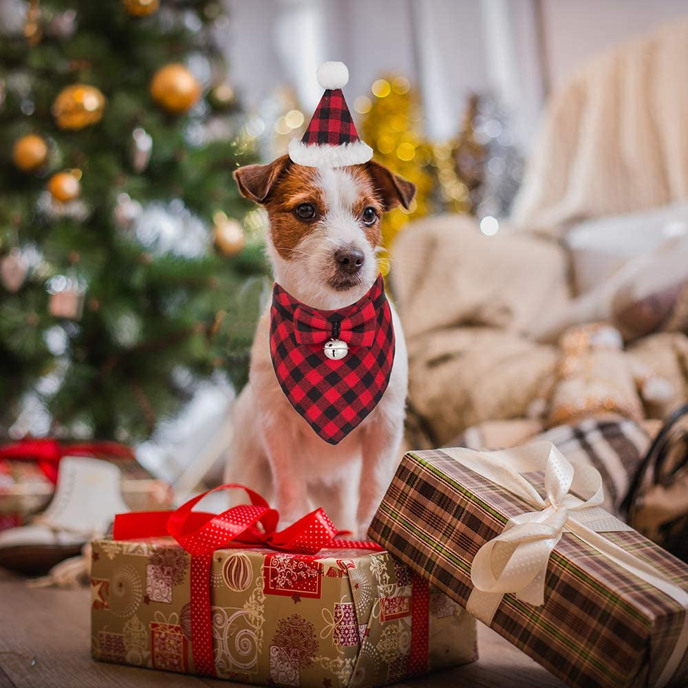 ADOGGYGO Christmas Dog Bandana Hat Bow Tie Set - Classic Plaid Pet Scarf Triangle Bibs Dog Christmas Costume Decoration Accessories for Small Medium Dogs Cats Pets (Large, Red) Animals & Pet Supplies > Pet Supplies > Dog Supplies > Dog Apparel ADOGGYGO   