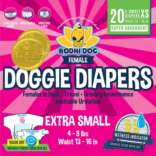 Disposable Dog Female Diapers | 20 Premium Quality Adjustable Pet Wraps with Moisture Control & Wetness Indicator | 20 Count Animals & Pet Supplies > Pet Supplies > Dog Supplies > Dog Diaper Pads & Liners Bodhi Dog Extra-Small  