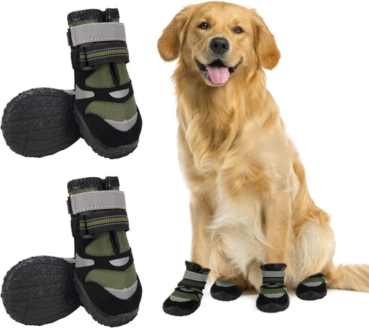 Dog Booties for Large Medium Dogs - Wear-Resistant Dog Boots with No Slip Rugged Sole - Waterproof Dog Shoes for Hiking Walking Running Jogging Paw Protection - Rubber Dog Shoes with Reflective Straps Animals & Pet Supplies > Pet Supplies > Dog Supplies > Dog Apparel Dociote Army Green #7 (Length: 3.35" ; Width: 2.55") 