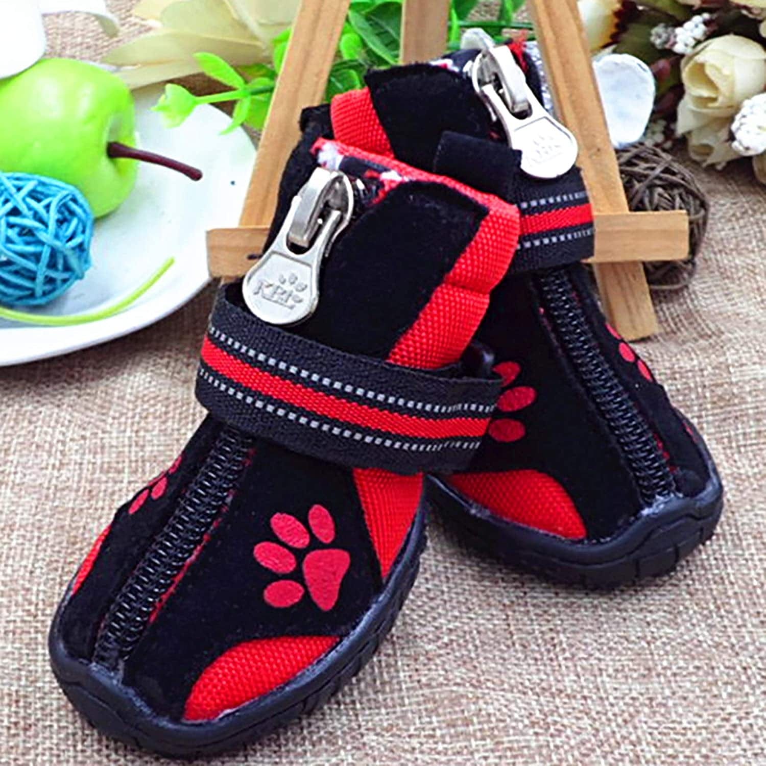Dog Boots,Dog Hiking Shoes for Snow & Hot & Sharp Pavement Pet Paws Protector Anti-Skid Dog Boots Durable Pet Hiking Shoes for Indoor Outdoor Activities (1#-Paw L*W=1.34" X 1.02", Blank and Red) Animals & Pet Supplies > Pet Supplies > Dog Supplies > Dog Apparel BESUNTEK   