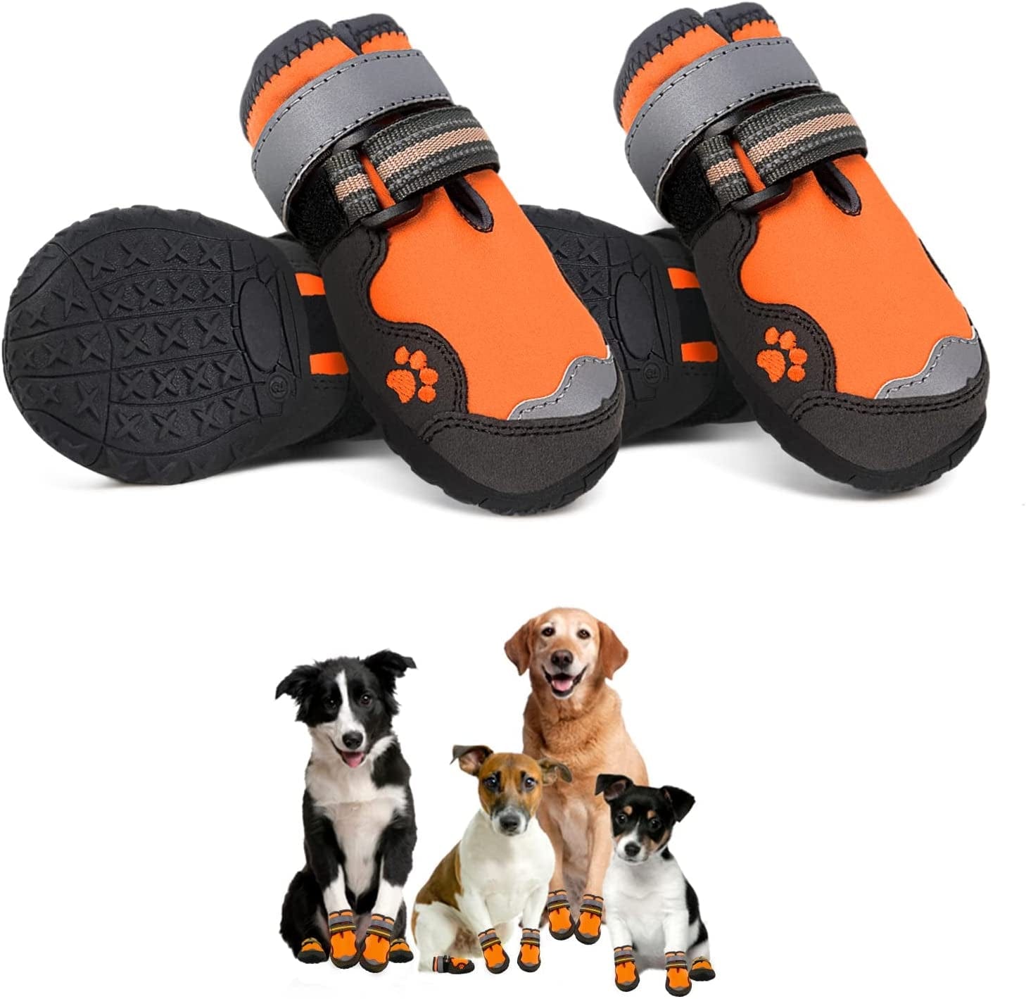 Dog Boots for Large Dogs, BOWITE Waterproof and Non-Slip Dog Shoes with Reflective Strips, Dog Booties Outdoor Paw Protector 4Pcs/Set, Orange