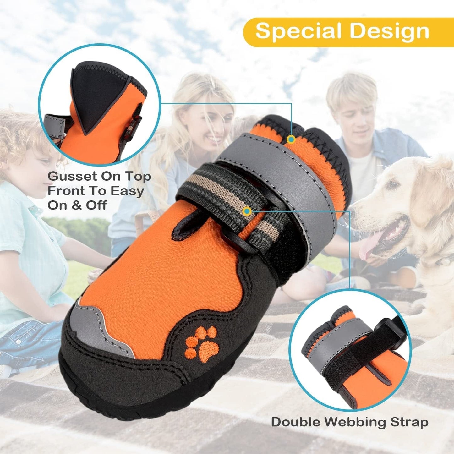Dog Boots for Large Dogs, BOWITE Waterproof and Non-Slip Dog Shoes with Reflective Strips, Dog Booties Outdoor Paw Protector 4Pcs/Set, Orange Animals & Pet Supplies > Pet Supplies > Dog Supplies > Dog Apparel Bowite   
