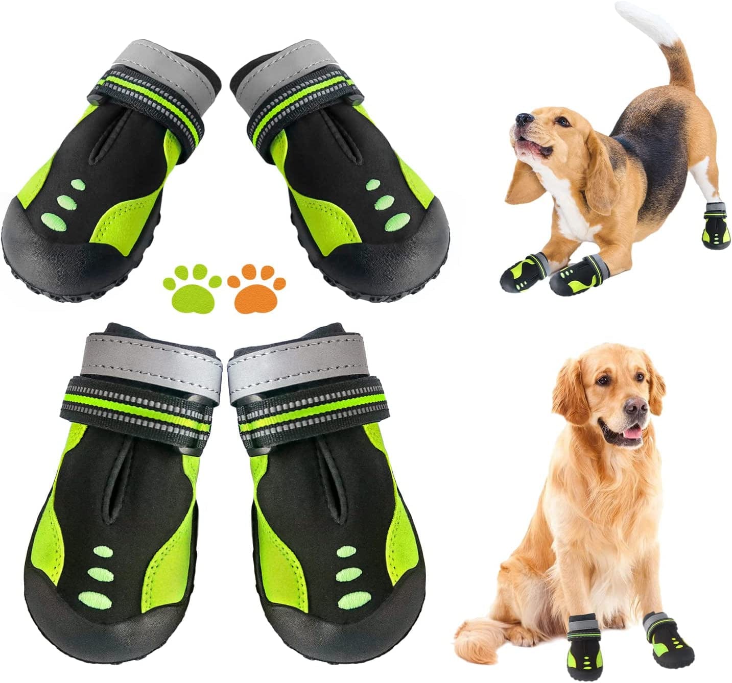 Dog Boots for Large Dogs, BOWITE Waterproof and Non-Slip Dog Shoes with Reflective Strips, Dog Booties Outdoor Paw Protector 4Pcs/Set, Orange Animals & Pet Supplies > Pet Supplies > Dog Supplies > Dog Apparel Bowite Green-Anti-collision Size 4: Width 2.01'' ~2.17'' (Pack of 4) 