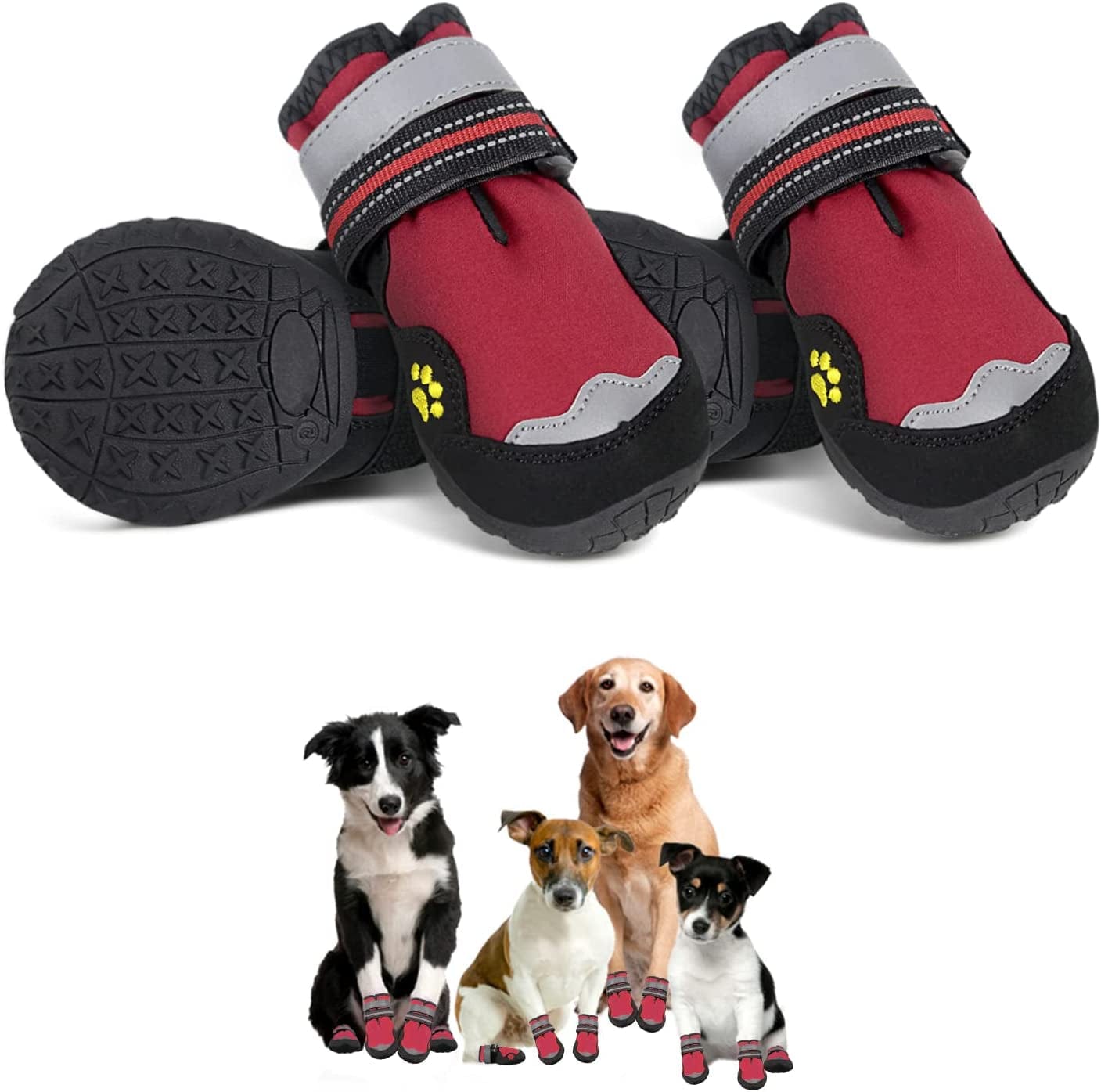 Dog Boots for Large Dogs, BOWITE Waterproof and Non-Slip Dog Shoes with Reflective Strips, Dog Booties Outdoor Paw Protector 4Pcs/Set, Orange