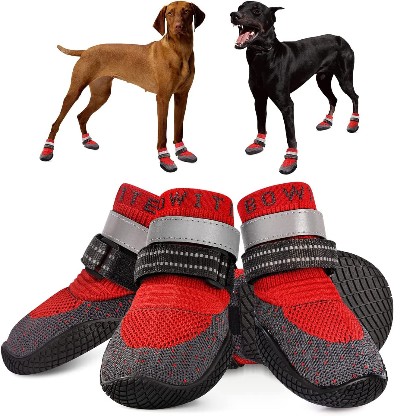 Dog Boots & Paw Protectors, Dog Shoes for Hot Pavement, Bowite Summer Winter Breathable Lightweight Fly Knit Dog Booties with Reflective Strips for Small Medium Large Dogs 4Pcs/Set（Black,#2） Animals & Pet Supplies > Pet Supplies > Dog Supplies > Dog Apparel Bowite Red Size 7: Width 2.76'' (Pack of 4) 