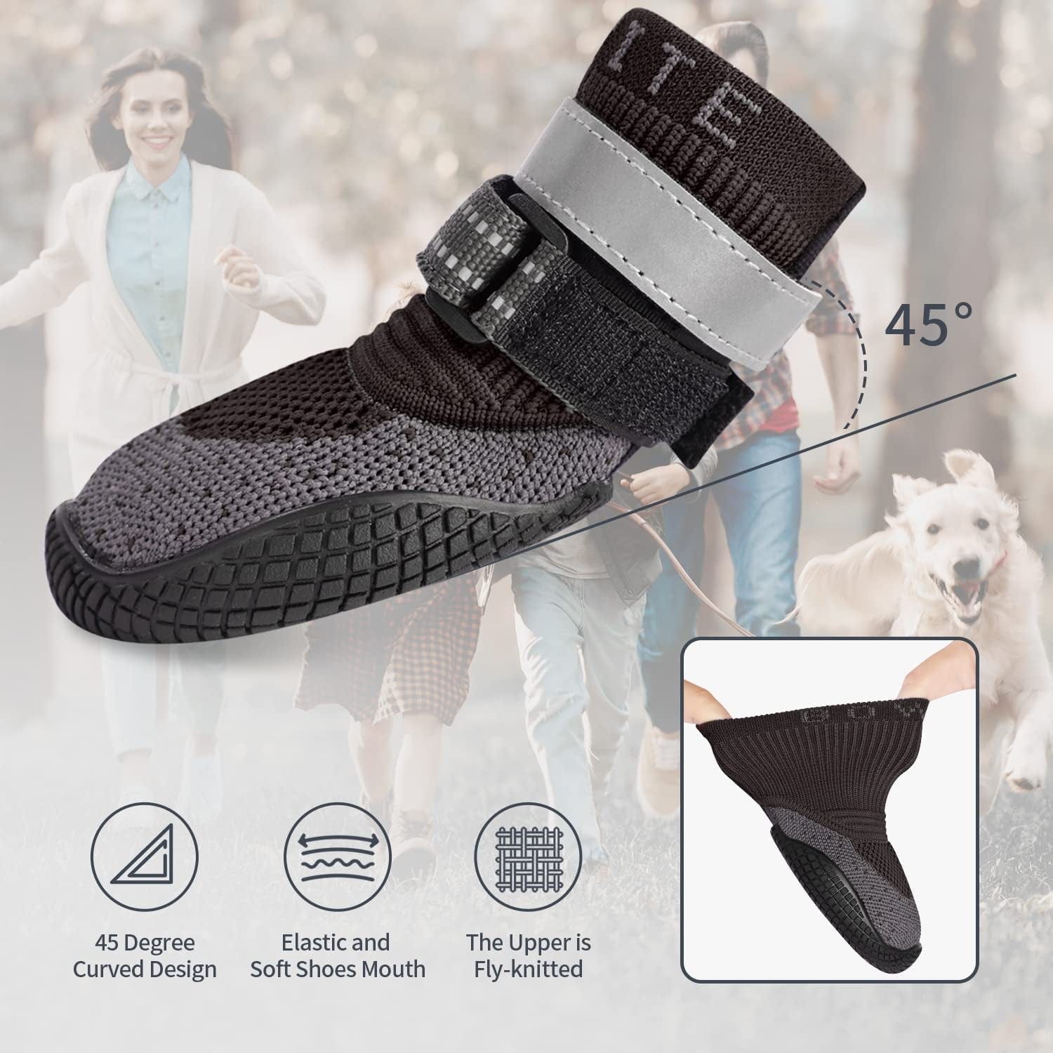 Dog Boots & Paw Protectors, Dog Shoes for Hot Pavement, Bowite Summer Winter Breathable Lightweight Fly Knit Dog Booties with Reflective Strips for Small Medium Large Dogs 4Pcs/Set（Black,#2） Animals & Pet Supplies > Pet Supplies > Dog Supplies > Dog Apparel Bowite   