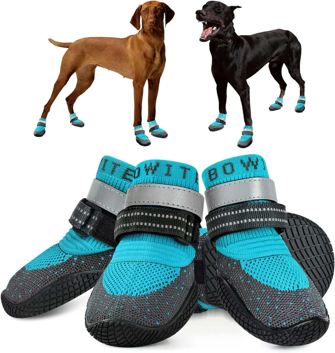 Dog Boots & Paw Protectors, Dog Shoes for Hot Pavement, Bowite Summer Winter Breathable Lightweight Fly Knit Dog Booties with Reflective Strips for Small Medium Large Dogs 4Pcs/Set（Black,#2） Animals & Pet Supplies > Pet Supplies > Dog Supplies > Dog Apparel Bowite Blue Size 1: Width 1.57'' (Pack of 4) 